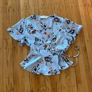 ASTR The Label  | Blue Floral Satin Wrap Top